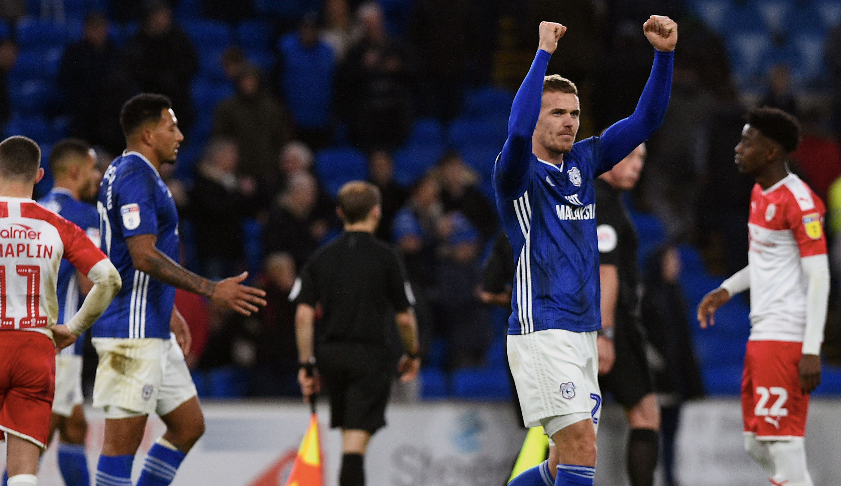 Danny Ward celebrates City's win against Barnsley...