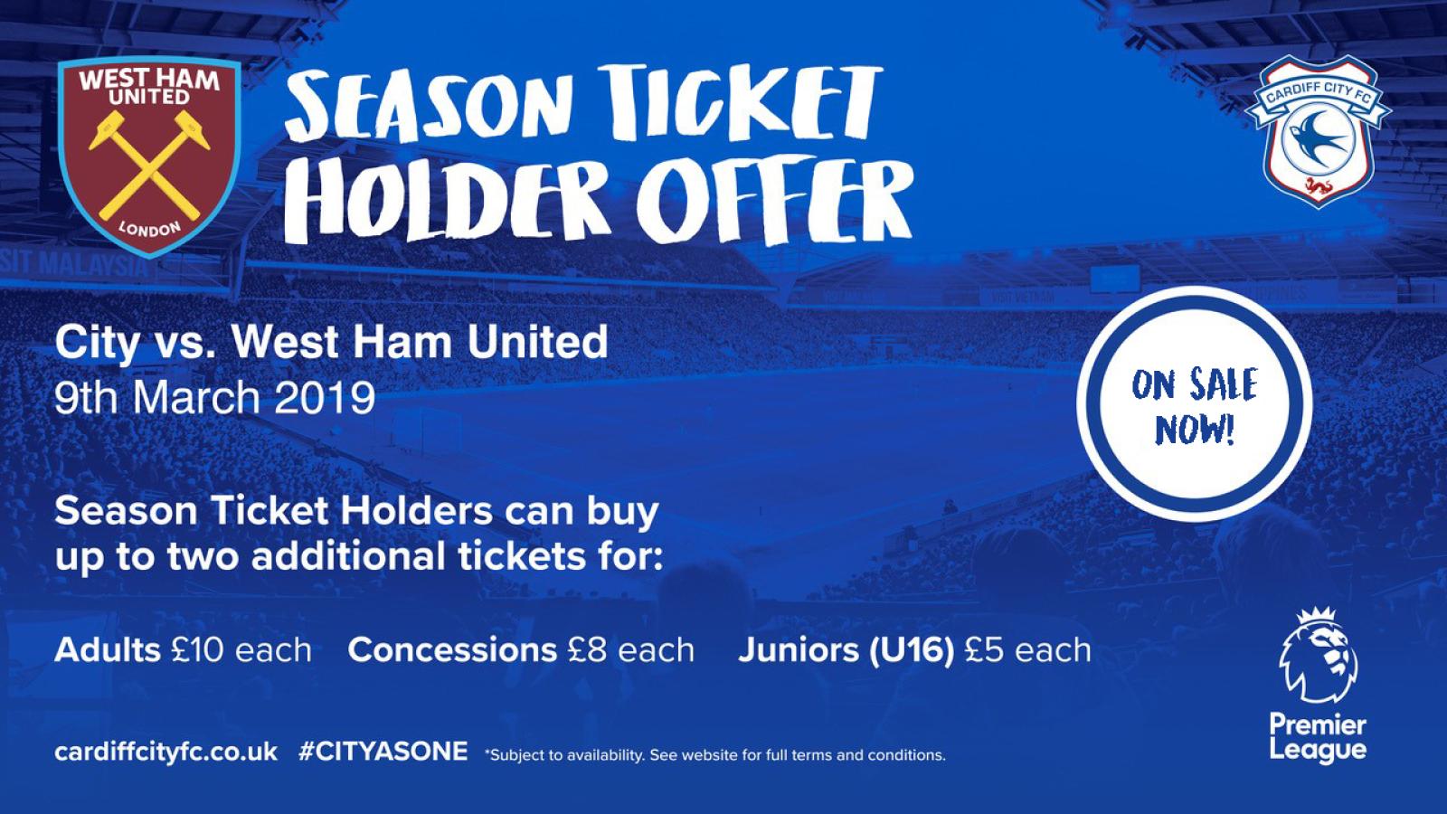 Season Ticket Holder Offer Cardiff City vs. West Ham United Cardiff