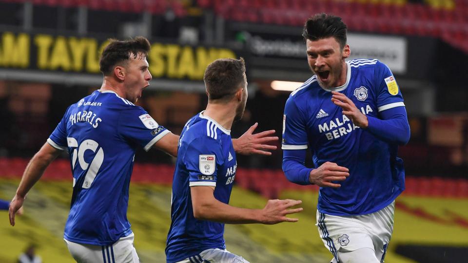 The Bluebirds celebrate at Vicarage Road...