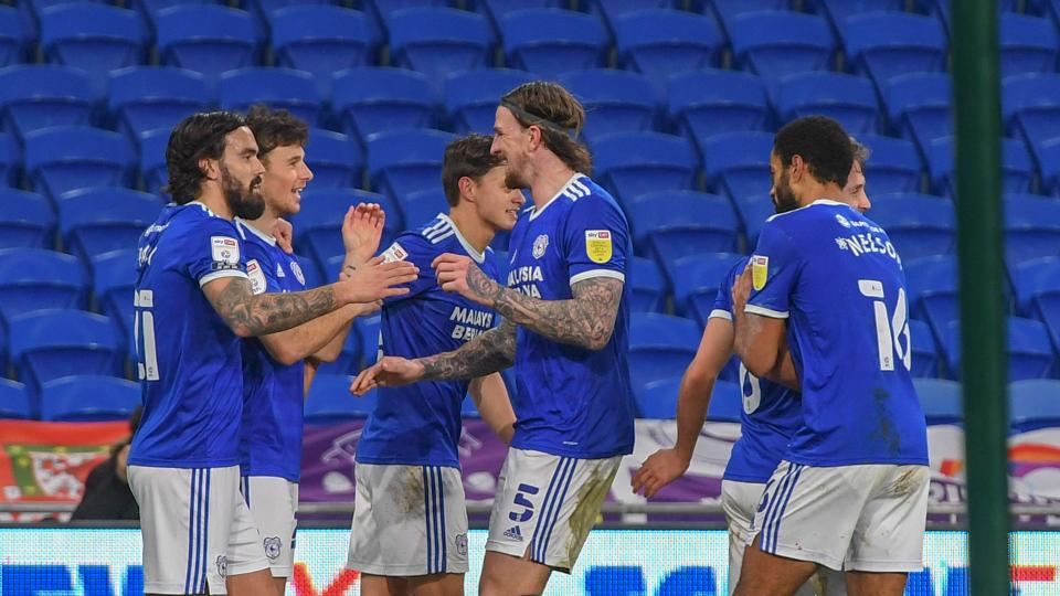 The Bluebirds celebrate their fourth goal against Preston...