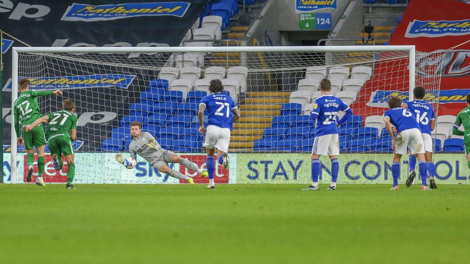 Dillon Phillips saves Gallagher's penalty...