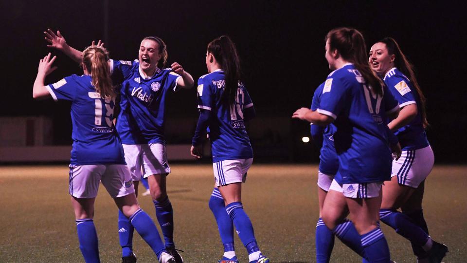 The Bluebirds celebrate their first goal against Cardiff Met...