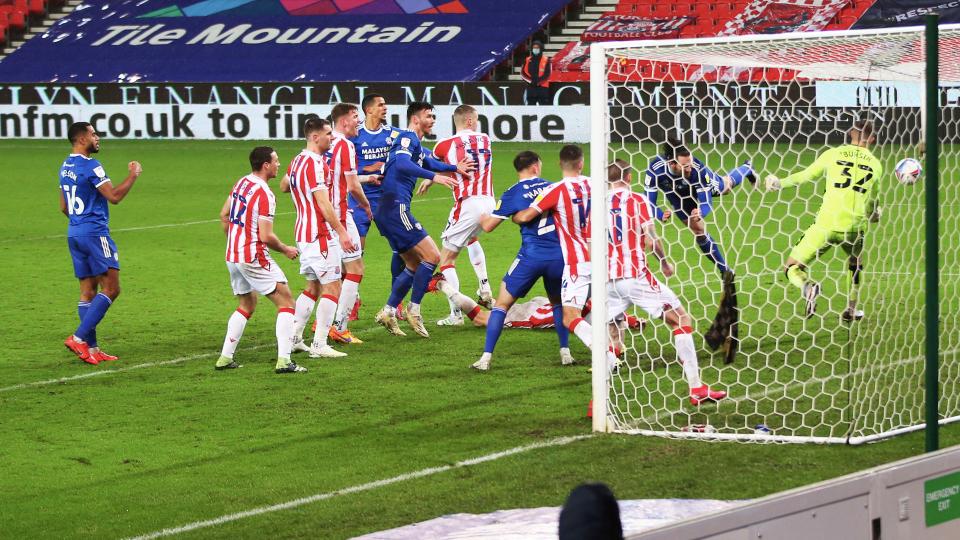 Sean Morrison scores against Stoke City...