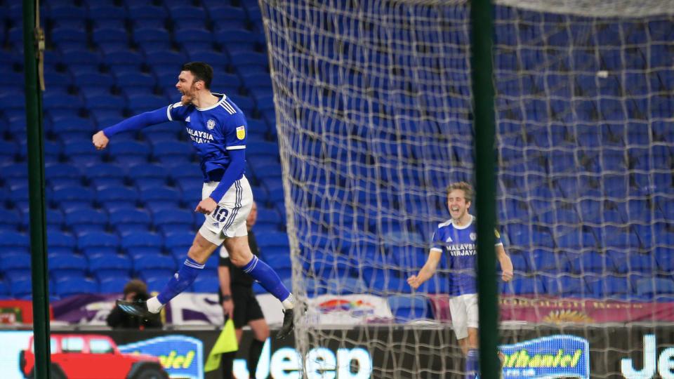 Kieffer Moore celebrates his sixteenth goal of the campaign...