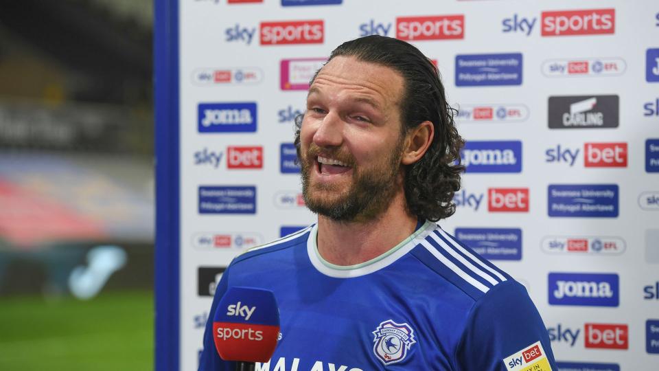 Sean Morrison enjoys his post match interview at the Liberty Stadium...