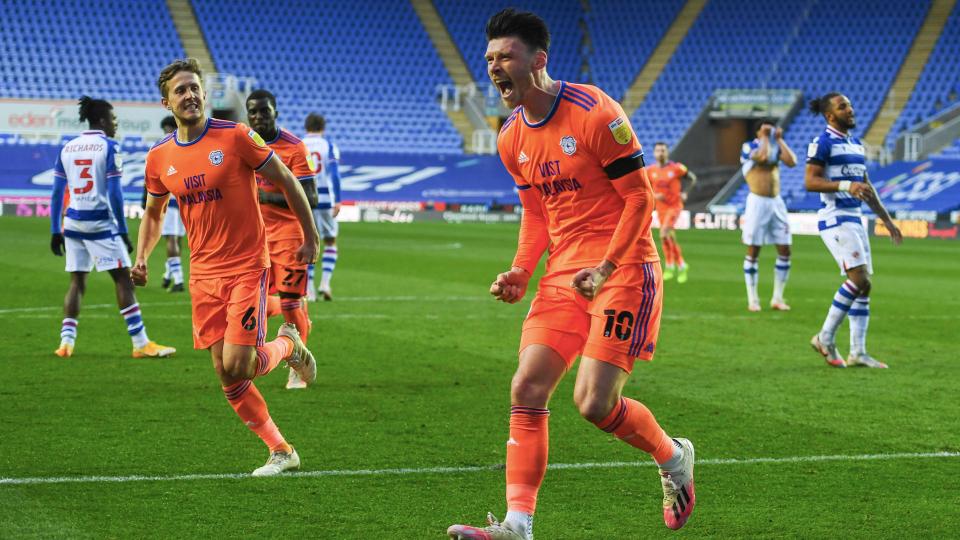 Kieffer Moore celebrates after scoring at Reading...