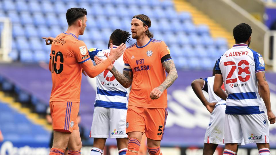 Kieffer Moore and the Sky Sports Man of the Match Aden Flint...