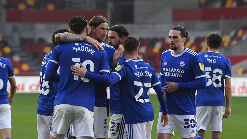 City celebrate Kieffer Moore's penalty at Brentford...