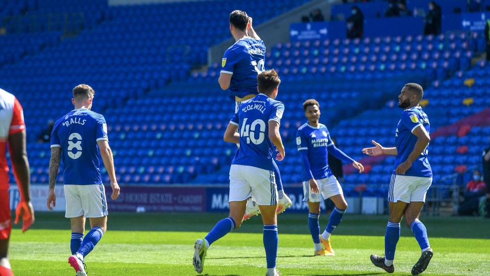 Kieffer celebrates his first goal at CCS against Wycombe...
