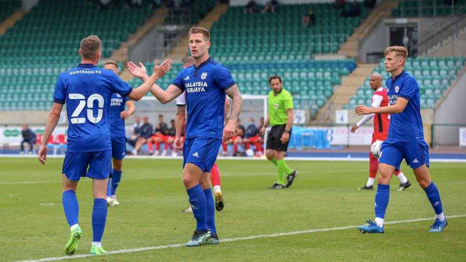James Collins celebrates his goal against Exeter City...