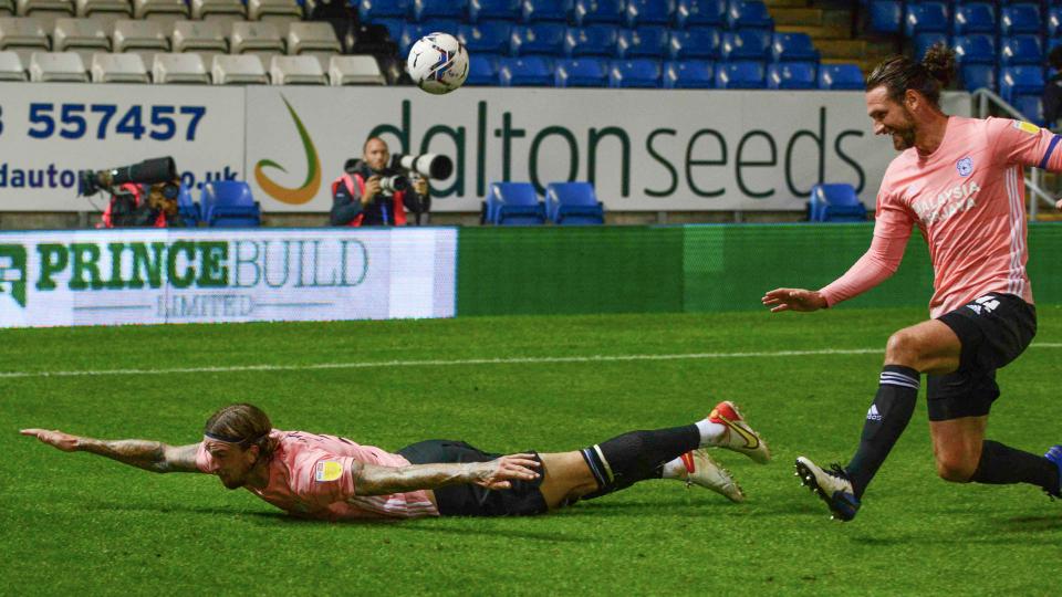 Aden Flint celebrates his leveller at London Road...