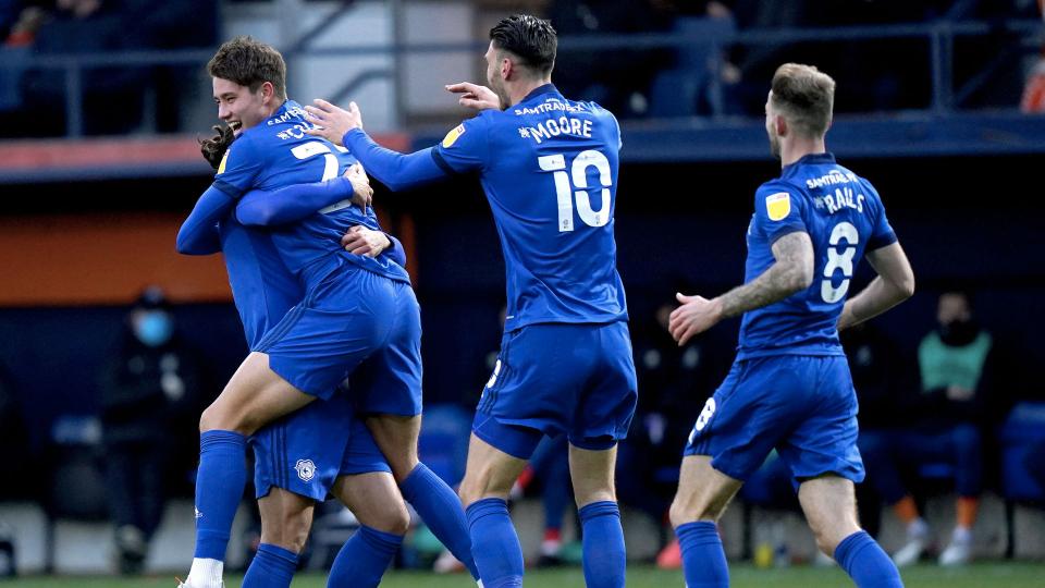 Rubin Colwill celebrates his opener against Luton Town...