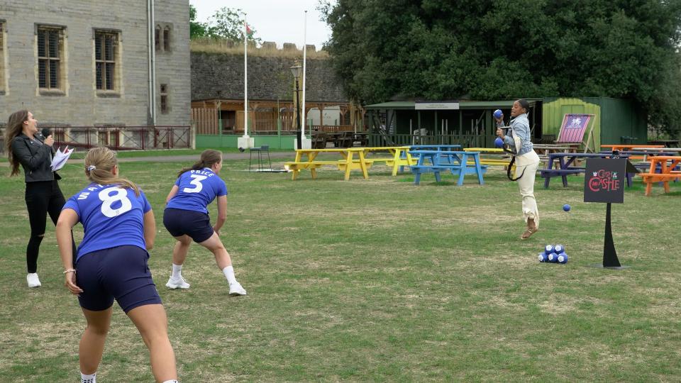 Seren & Ffion challenge Bianca Belair at Dodgeball...