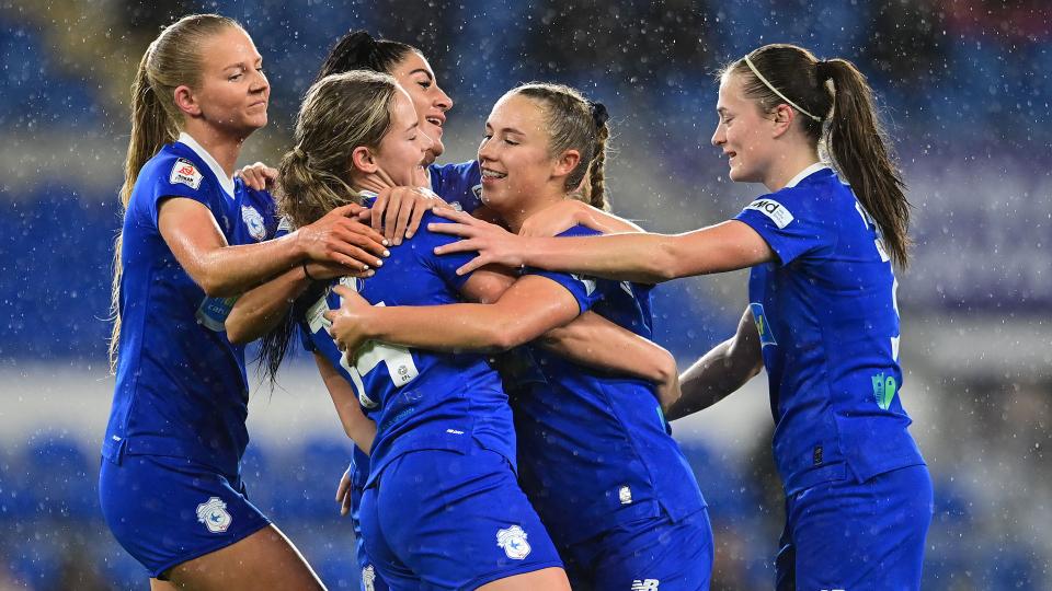 The Bluebirds celebrate Phoebie Poole's goal at CCS...