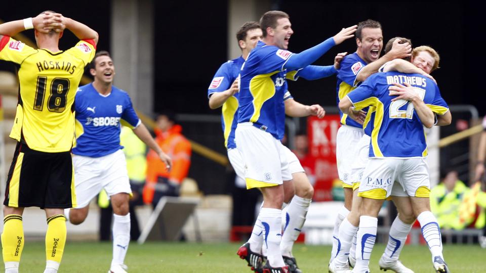 The Bluebirds celebrate Adam Matthews' goal against Watford...