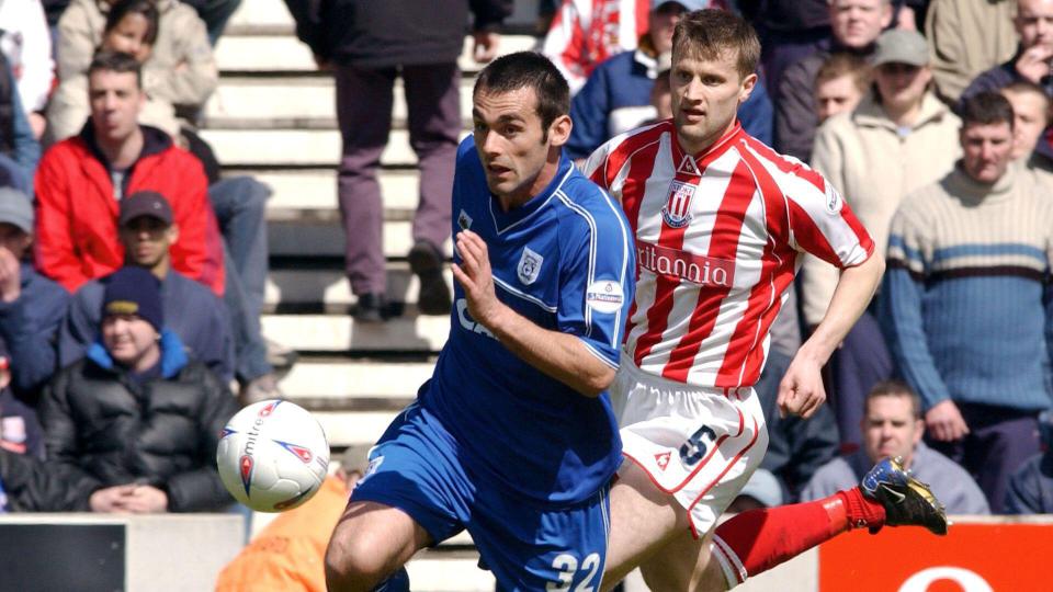 Peter Thorne in action against Stoke City...