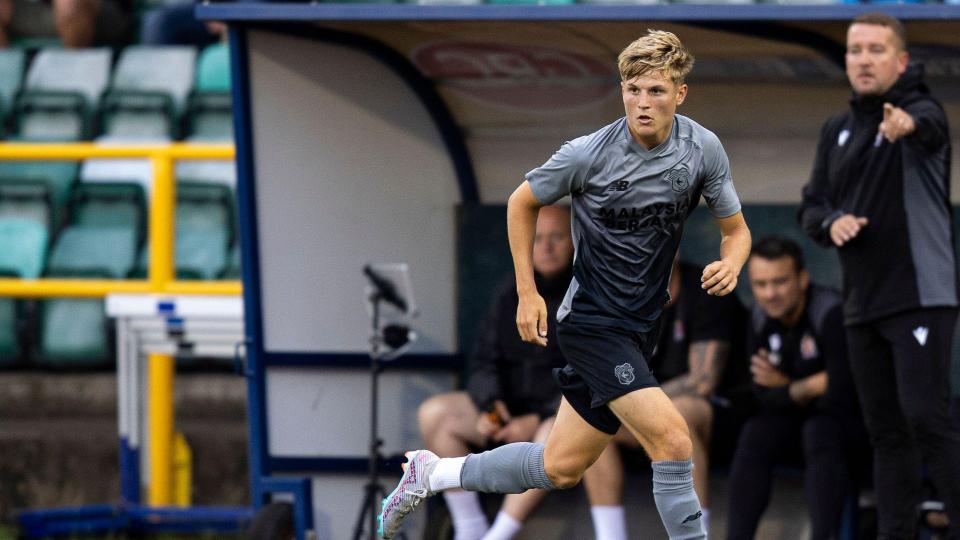 Tom Davies in action for City's U21s against Barry Town United...