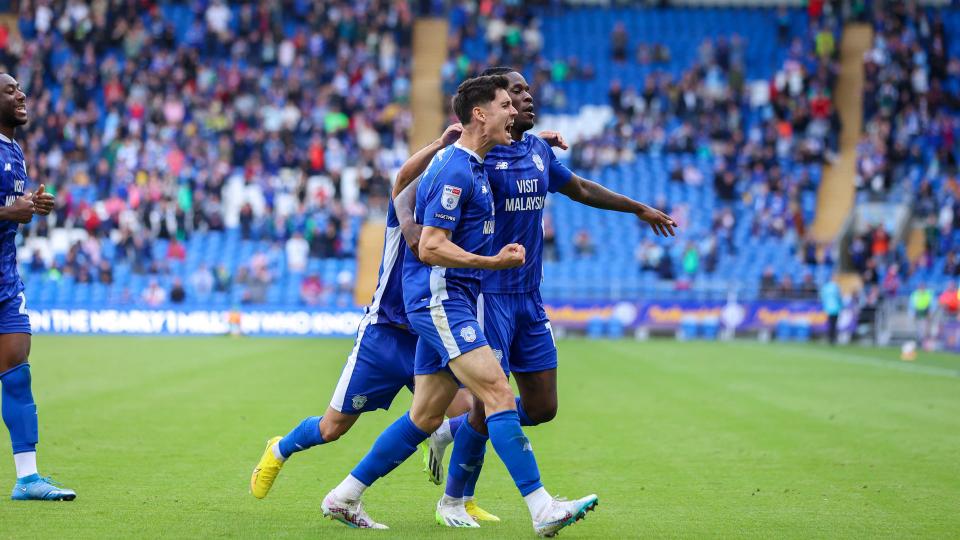 Ike Ugbo celebrates scoring for Cardiff City