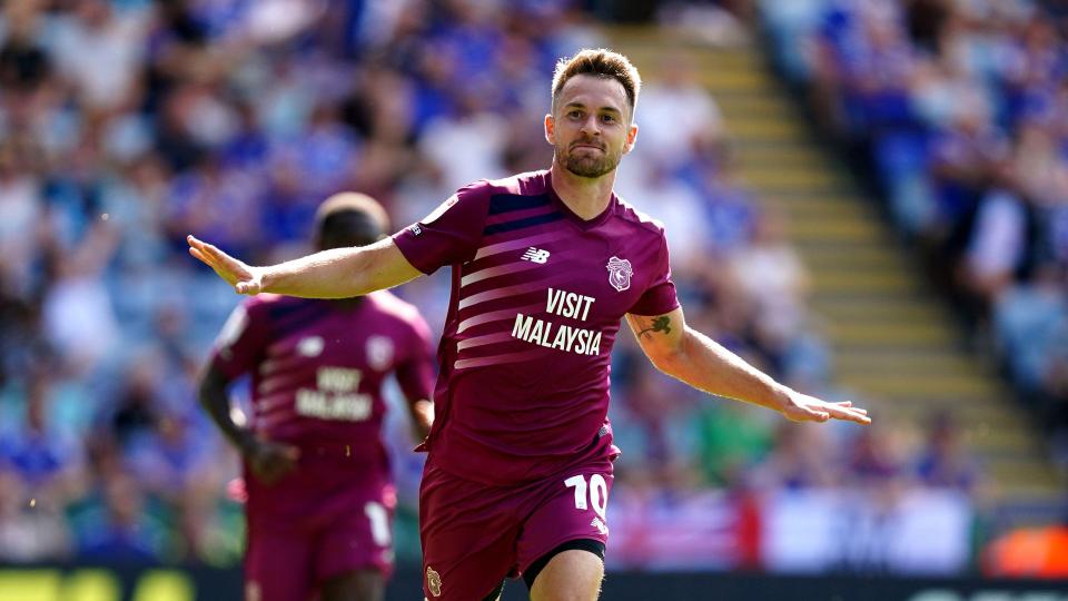 Aaron Ramsey celebrates his goal against Leicester City...