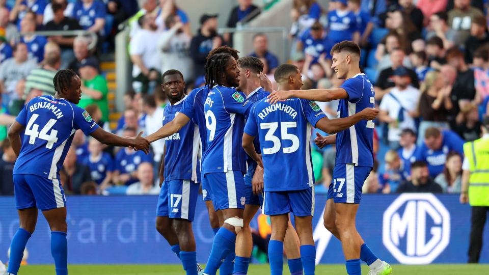 Rubin Colwill celebrates scoring for Cardiff City