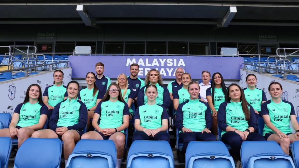 Cardiff City Women's players after signing their semi-professional contracts