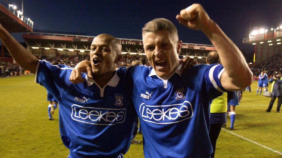 City celebrate their play-off win over Bristol City...