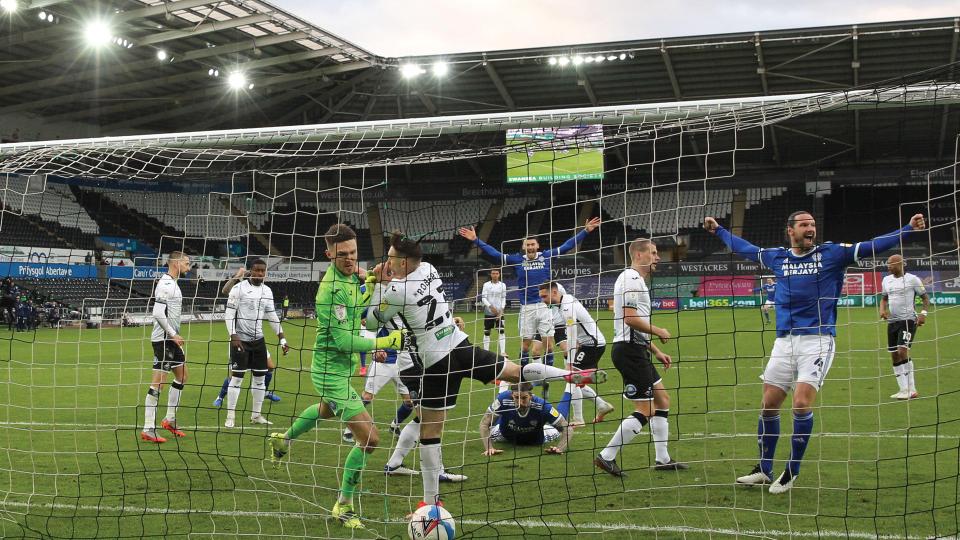 The Bluebirds celebrate Aden Flint's goal in Swansea...