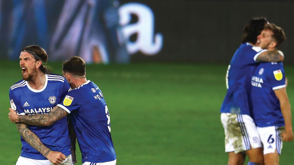 The Bluebirds celebrate their win in Swansea...