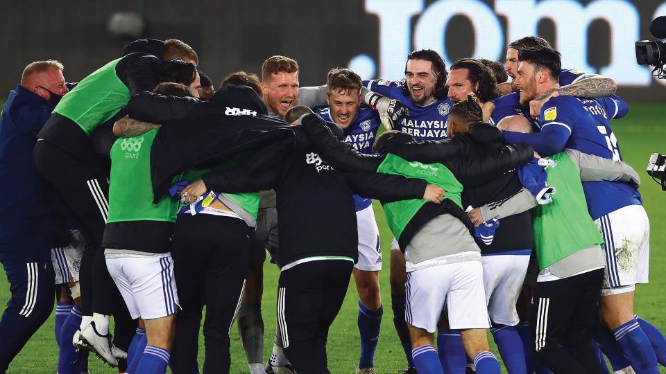 The Bluebirds celebrate their win in Swansea...