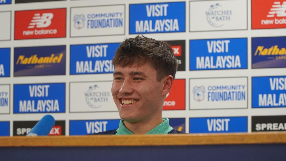 Rubin Colwill speaks to the press