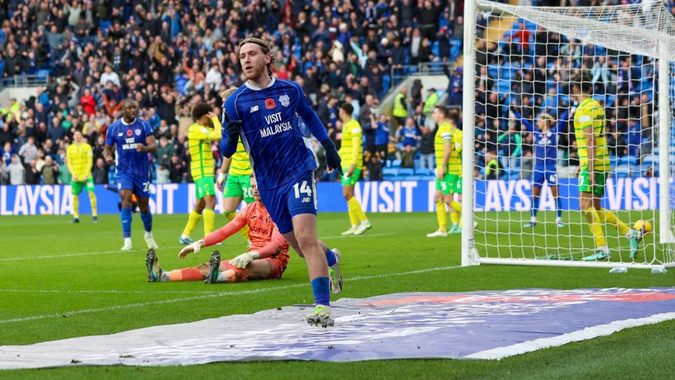 Josh Bowler celebrates scoring for Cardiff City