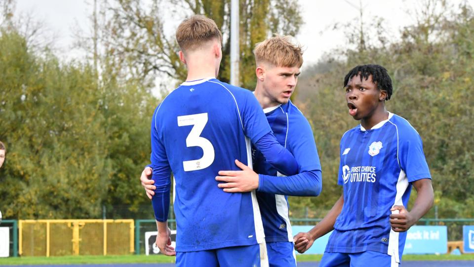 Cardiff City U18 celebrate scoring against Swansea City U18