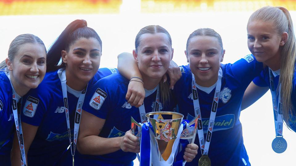 Hannah Power, Danielle Broadhurst, Danielle Green, Seren Watkins and Rhianne Oakley celebrate winning the Adran Premier title