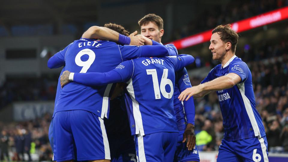 Cardiff City celebrate taking the lead against Plymouth Argyle