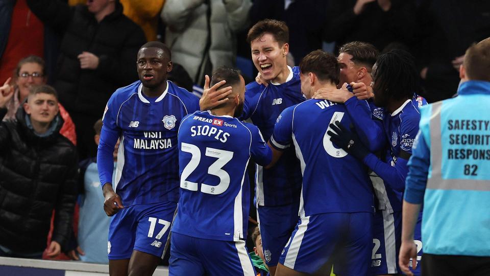 Rubin Colwill celebrates scoring for Cardiff City