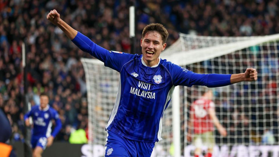 Rubin Colwill celebrates his goal against Bristol City...