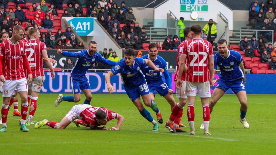 Perry Ng celebrates his Severnside derby goal...