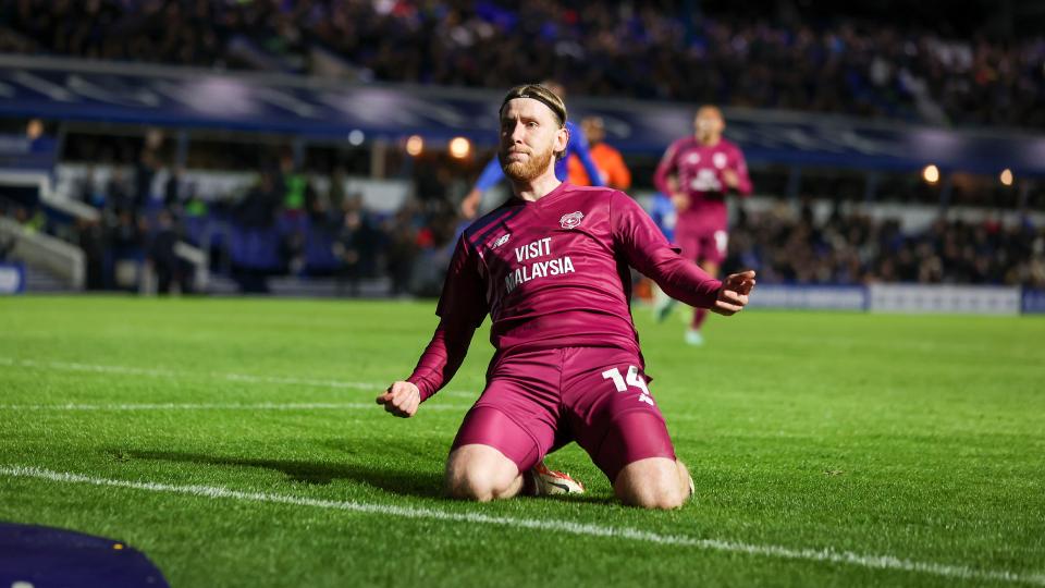 Josh Bowler celebrates scoring for Cardiff City