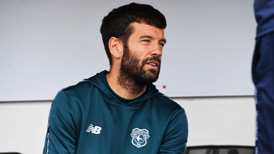 Brian Barry-Murphy, Cardiff City boss, in the dugout at Meadow Lane...