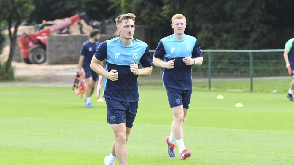 Isaac Jefferies and Charlie O'Brien in training for Cardiff City's U21s side