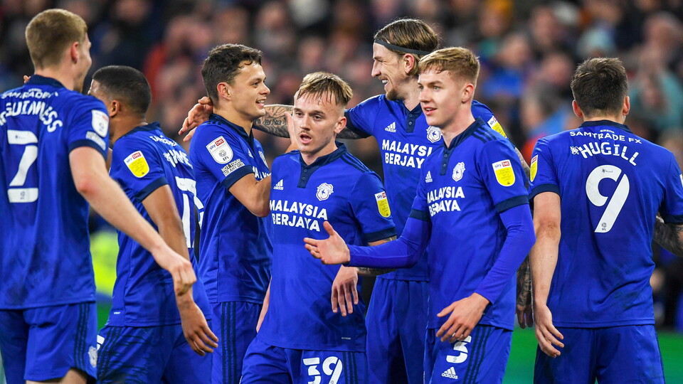 The Bluebirds during the 4-0 win over Peterborough United...