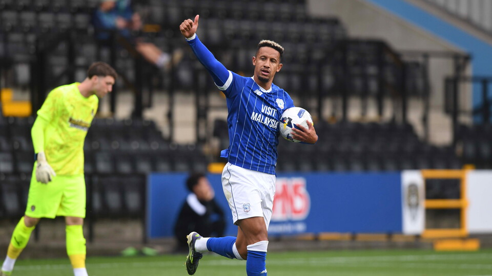Callum Robinson celebrates his goal at Meadow Lane...