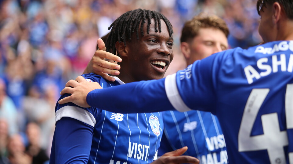Ronan Kpakio celebrates scoring for Cardiff City FC