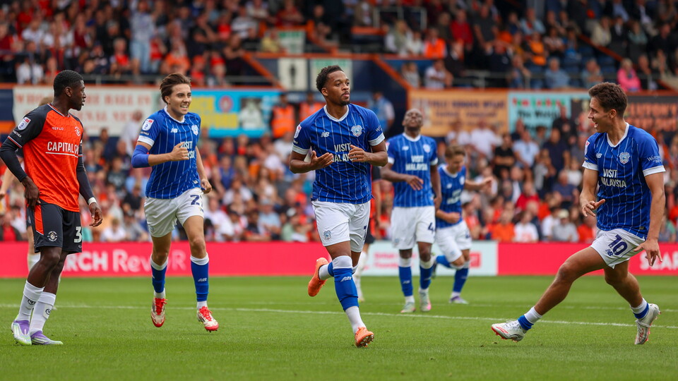 Chris Willock celebrates his goal against Luton Town...