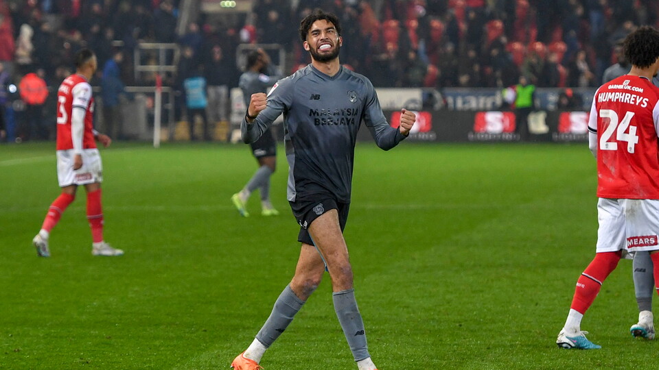 Kion Etete celebrates City's win in Rotherham...