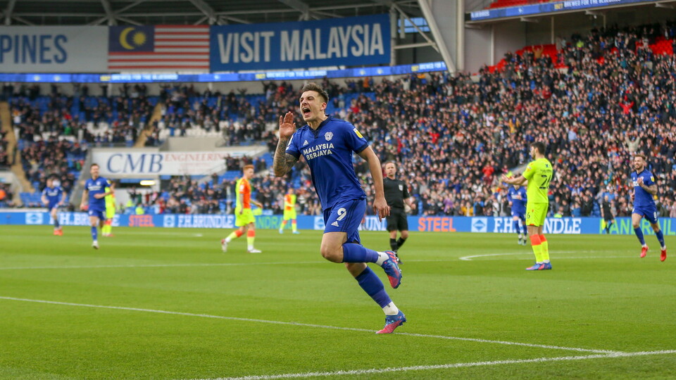 Jordan Hugill, then of Cardiff City, celebrate his goal against Nottingham Forest...