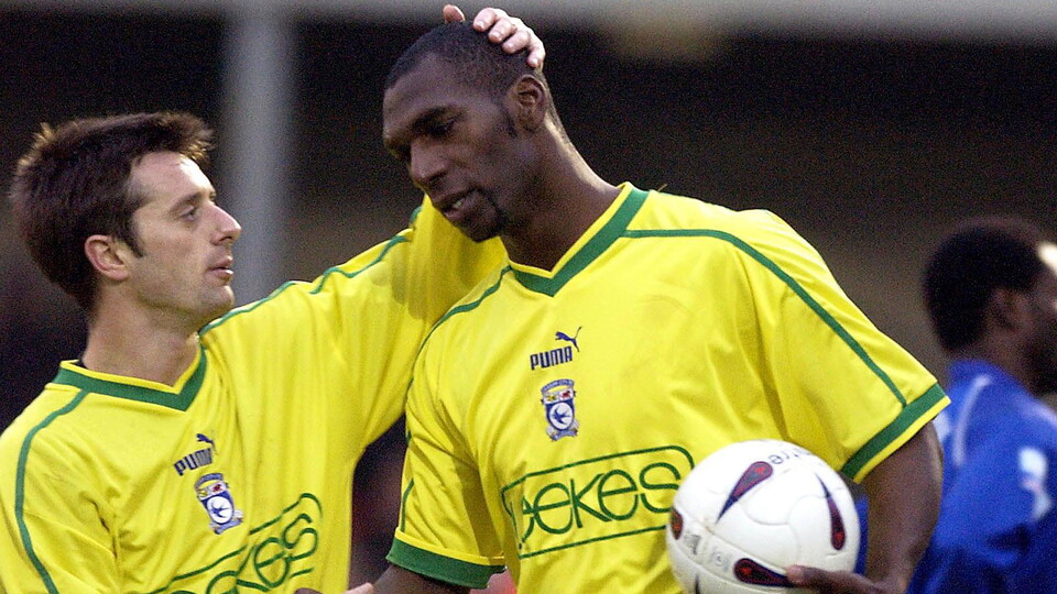 City's Leo Fortune-West and Jason Bowen celebrate a goal.