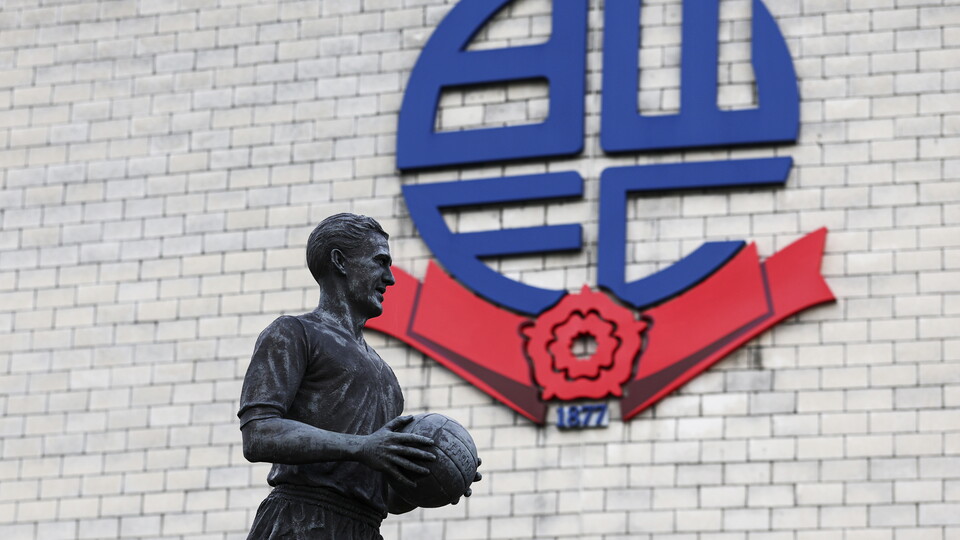 The statue of Nat Lofthouse positioned outside Bolton Wanderers' stadium.