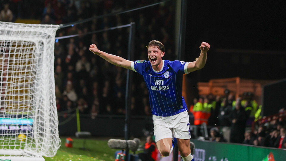 Will Fish celebrates his winner against Wrexham.