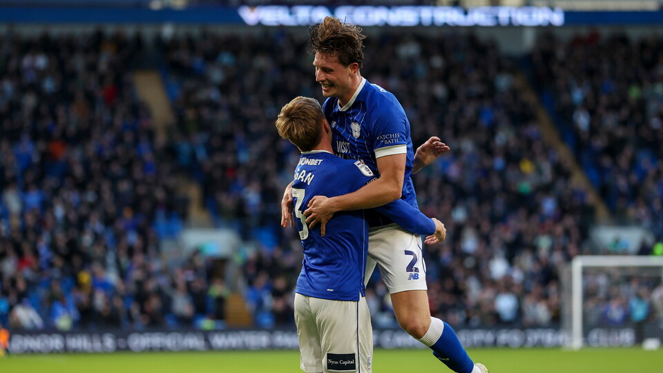 Will Fish celebrates scoring for Cardiff City FC